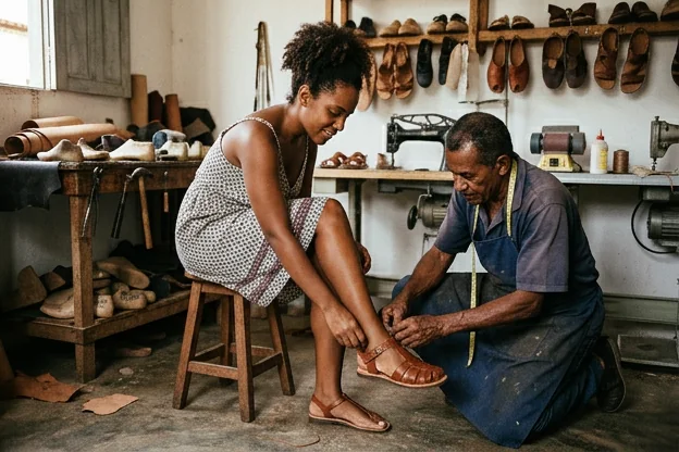 Mulher experimentando sapatos em uma loja em Igarassu.